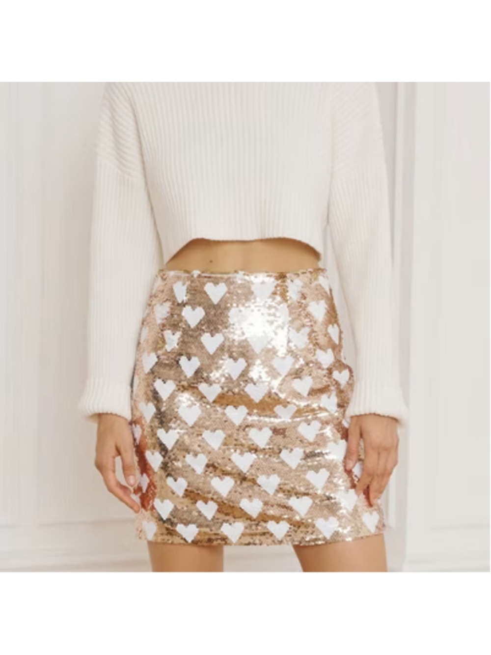 Women's idem ditto Gold & White Sequin Heart Mini Skirt M